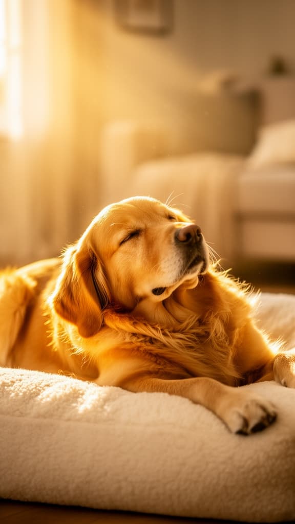 Peaceful golden dog resting in warm morning light